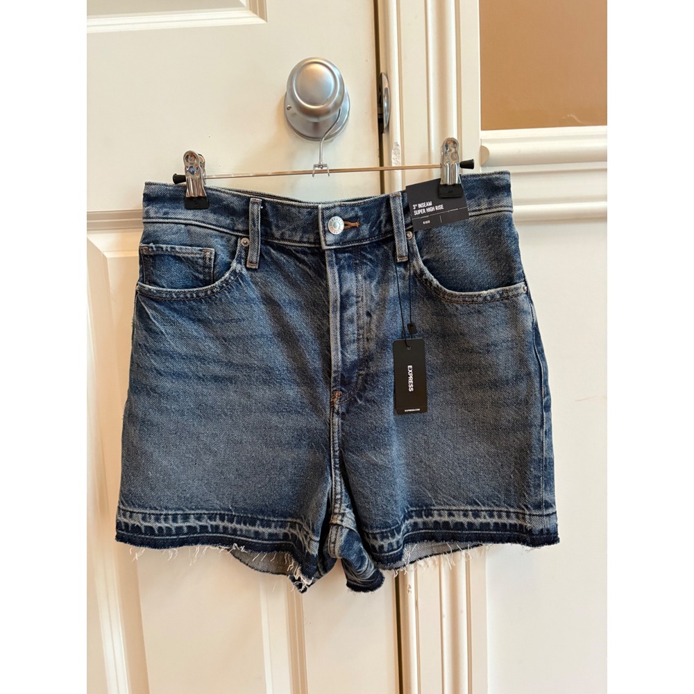 New xpress Womens Denim Shorts Size 8 Blue High Rise Raw‎ Hem Distressed Rigid